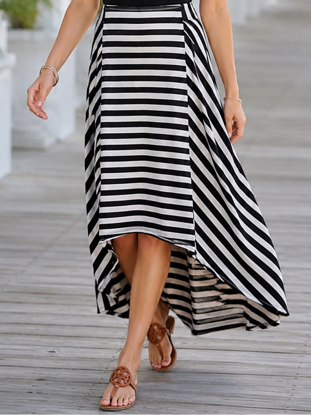 Chico's Womens Black White Striped High Low Maxi Skirt 2 Large 12 Pull On Knit